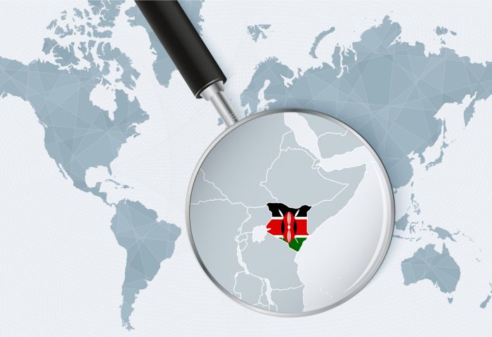 world-map-with-a-magnifying-glass-pointing-at-kenya-map-of-kenya-with-the-flag-in-the-loop-vector